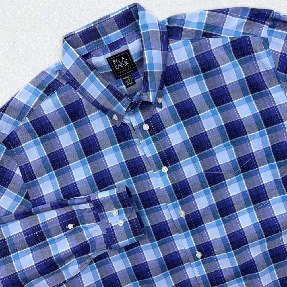 Jos. A. Bank Traveler Shirt Mens XL Blue Plaid Tailored Fit Button Down Preppy
